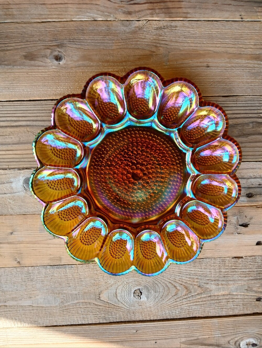 Vintage Iridescent Gold Carnival Glass Hobnail Deviled Egg Platter